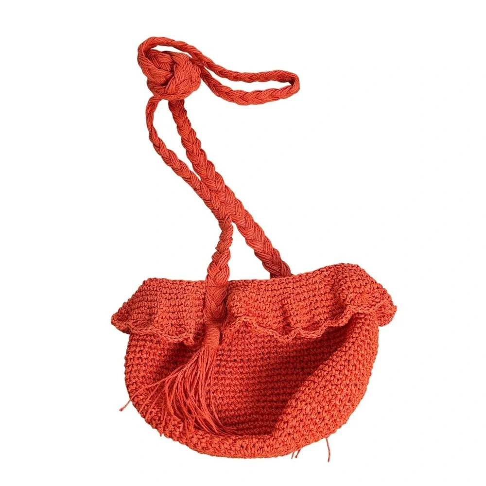 Rhode Target Orange Woven Raffia Crochet Shoulder Bag Ruffle Tassel Summer Beach